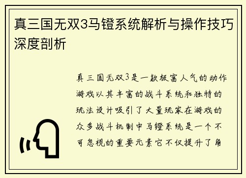 真三国无双3马镫系统解析与操作技巧深度剖析 真三国无双3马镫系统解析与操作技巧深度剖析